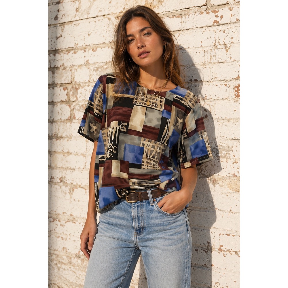 Vintage‎ Michele Michelle Multicolor Abstract Geometric Blouse Size 12
